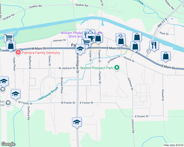 map of restaurants, bars, coffee shops, grocery stores, and more near 226 Cuyler Street in Palmyra