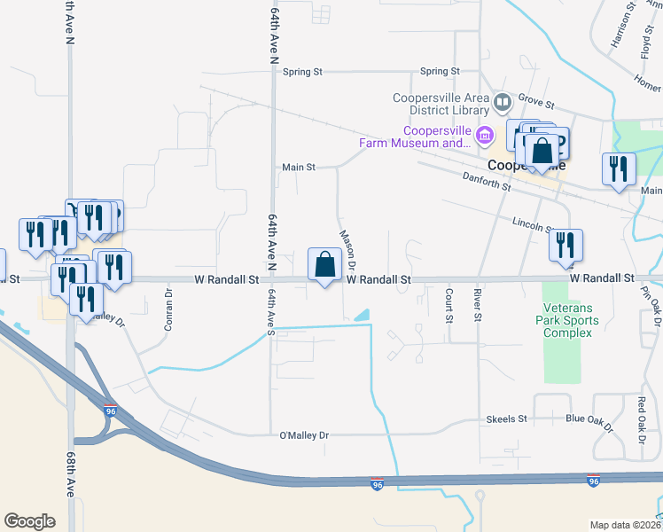 map of restaurants, bars, coffee shops, grocery stores, and more near 675 West Randall Street in Coopersville