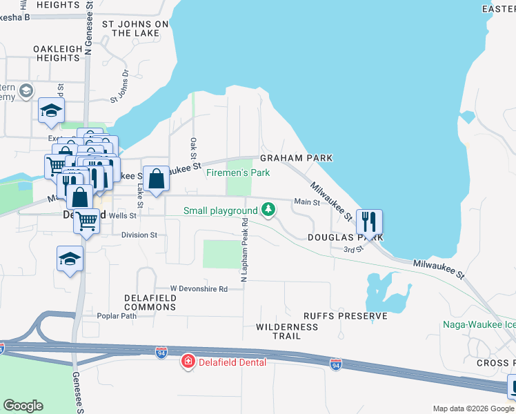 map of restaurants, bars, coffee shops, grocery stores, and more near 425 Sanctuary Lane in Delafield