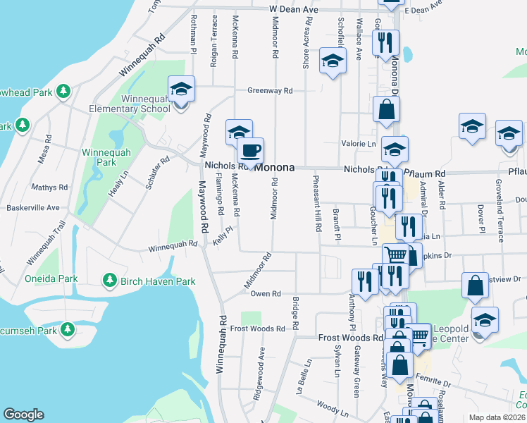 map of restaurants, bars, coffee shops, grocery stores, and more near 5501 Midmoor Road in Monona