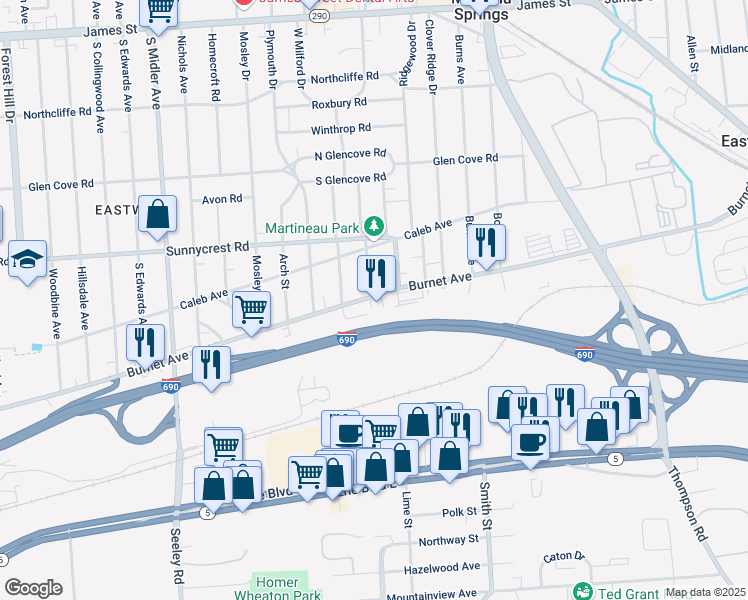 map of restaurants, bars, coffee shops, grocery stores, and more near 3020 Burnet Avenue in Syracuse