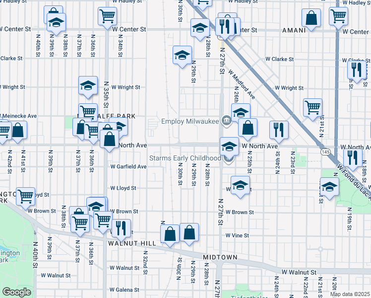 map of restaurants, bars, coffee shops, grocery stores, and more near 2933 West North Avenue in Milwaukee