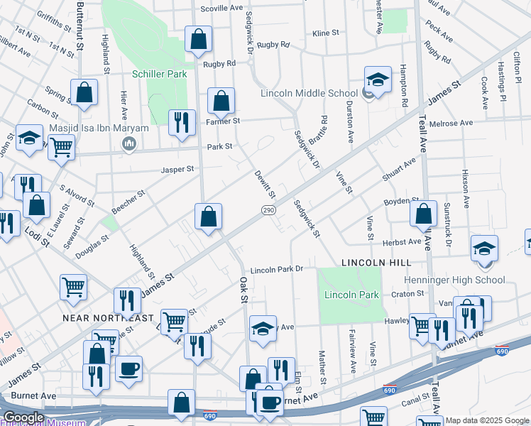 map of restaurants, bars, coffee shops, grocery stores, and more near 1054 James Street in Syracuse