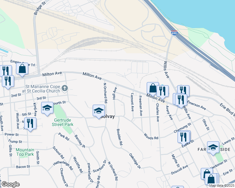 map of restaurants, bars, coffee shops, grocery stores, and more near 221 William Street in Solvay