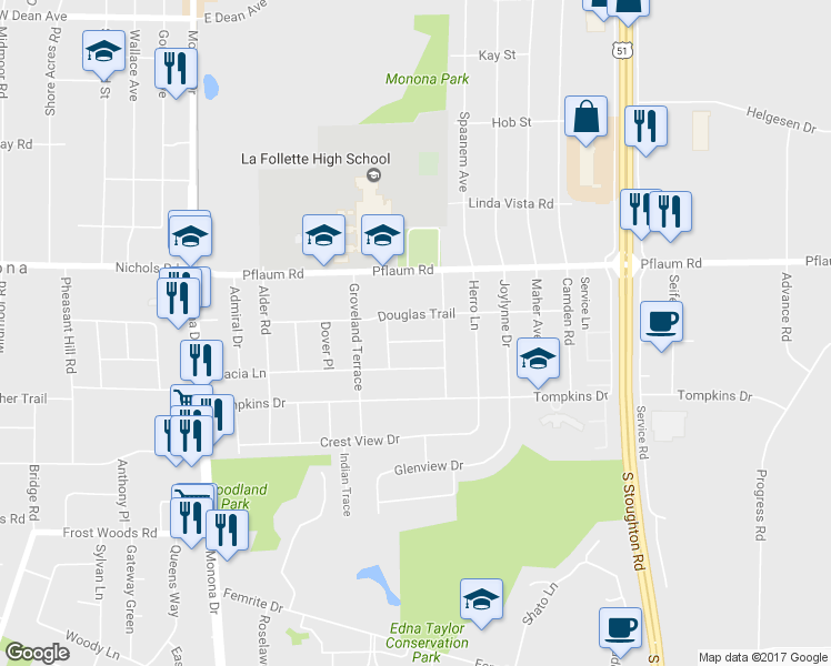 map of restaurants, bars, coffee shops, grocery stores, and more near 800 Lamont Lane in Madison