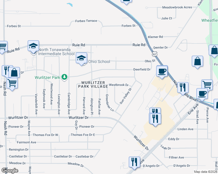 map of restaurants, bars, coffee shops, grocery stores, and more near 727 Westbrook Dr in North Tonawanda