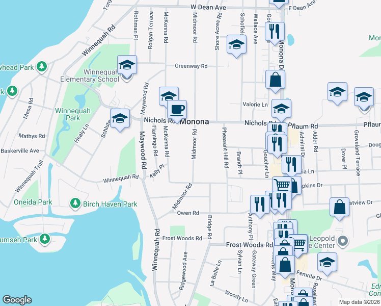 map of restaurants, bars, coffee shops, grocery stores, and more near 5501 Midmoor Road in Monona