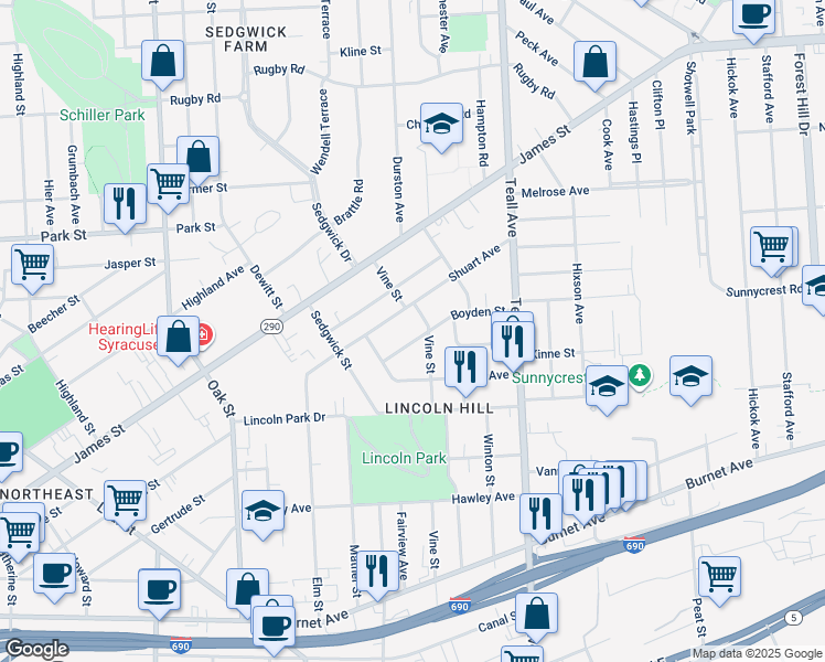 map of restaurants, bars, coffee shops, grocery stores, and more near 123 Boyden Street in Syracuse