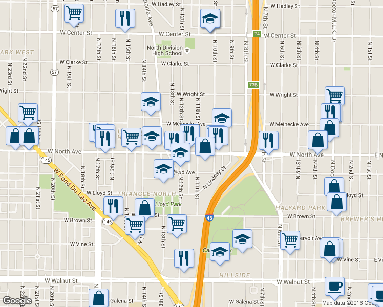 map of restaurants, bars, coffee shops, grocery stores, and more near 1114 W North Ave in Milwaukee