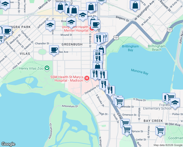 map of restaurants, bars, coffee shops, grocery stores, and more near 913 Emerald Street in Madison