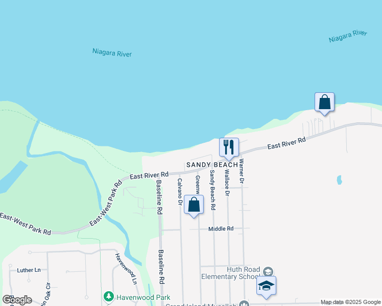 map of restaurants, bars, coffee shops, grocery stores, and more near 5695 East River Road in Grand Island