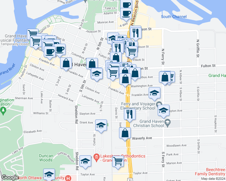 map of restaurants, bars, coffee shops, grocery stores, and more near 714 Franklin Avenue in Grand Haven