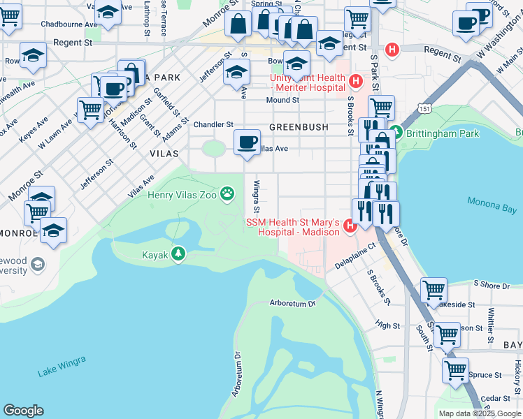 map of restaurants, bars, coffee shops, grocery stores, and more near 1315 Hoven Court in Madison