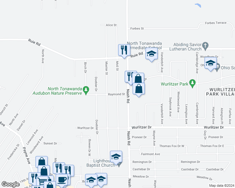 map of restaurants, bars, coffee shops, grocery stores, and more near 1368 Moll Street in North Tonawanda