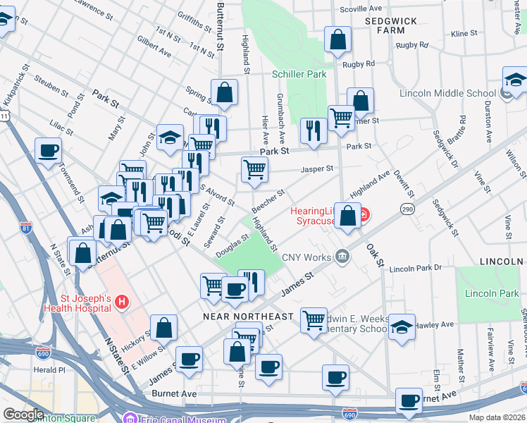 map of restaurants, bars, coffee shops, grocery stores, and more near 216 Beecher Street in Syracuse