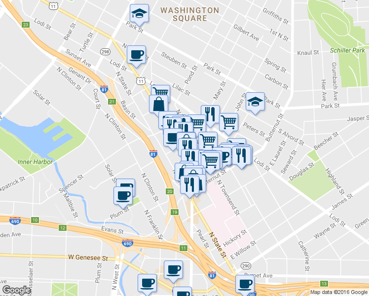 map of restaurants, bars, coffee shops, grocery stores, and more near 917 North Townsend Street in Syracuse