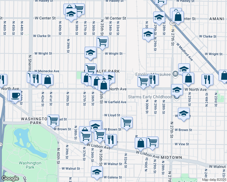 map of restaurants, bars, coffee shops, grocery stores, and more near 3315 West North Avenue in Milwaukee