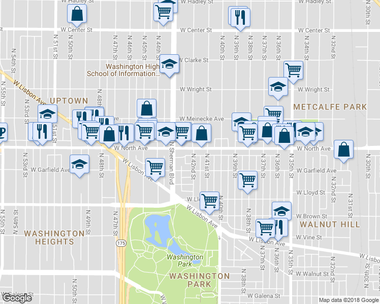 map of restaurants, bars, coffee shops, grocery stores, and more near 4221 West North Avenue in Milwaukee