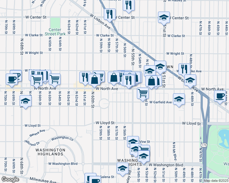 map of restaurants, bars, coffee shops, grocery stores, and more near 5629 West North Avenue in Milwaukee