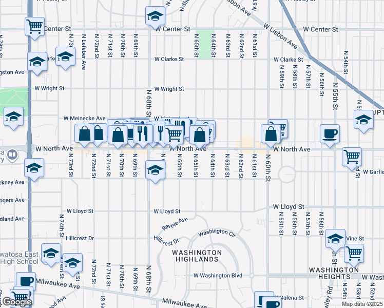 map of restaurants, bars, coffee shops, grocery stores, and more near 6531 West North Avenue in Wauwatosa