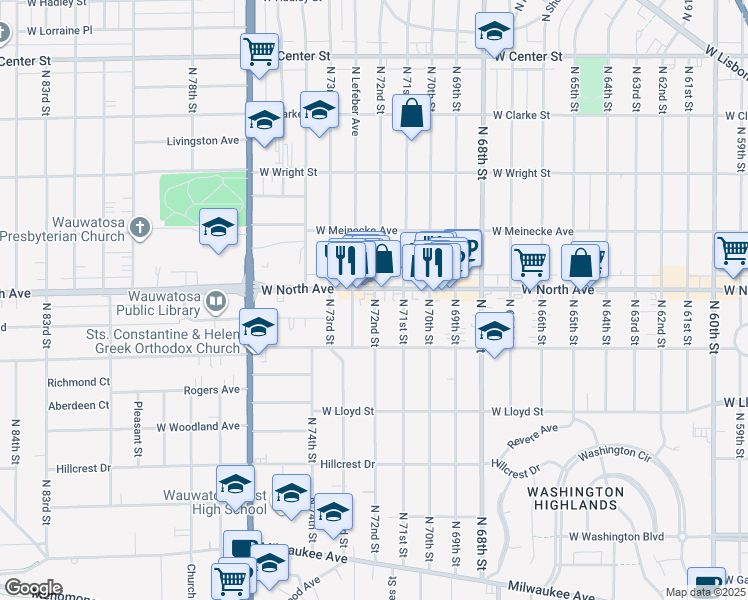 map of restaurants, bars, coffee shops, grocery stores, and more near 2272 North 72nd Street in Wauwatosa
