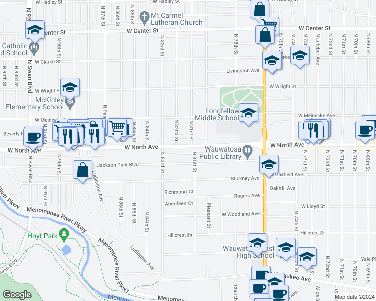 map of restaurants, bars, coffee shops, grocery stores, and more near 8117 West North Avenue in Wauwatosa