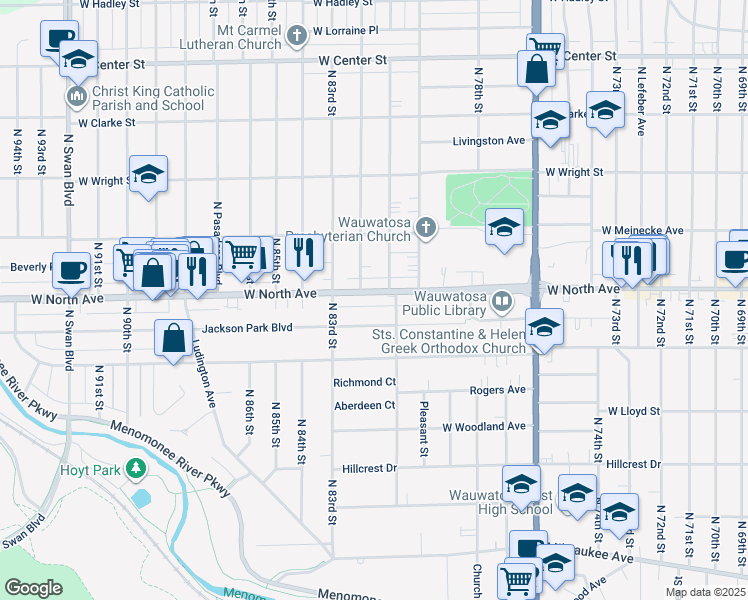 map of restaurants, bars, coffee shops, grocery stores, and more near 8117 West North Avenue in Wauwatosa