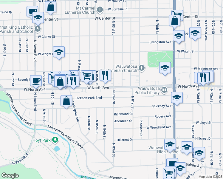 map of restaurants, bars, coffee shops, grocery stores, and more near 8333 West North Avenue in Wauwatosa