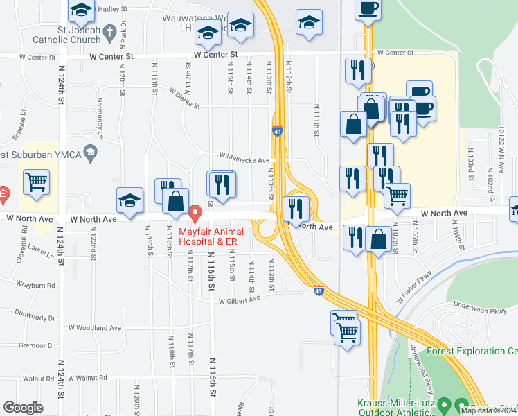 map of restaurants, bars, coffee shops, grocery stores, and more near 11310 West North Avenue in Wauwatosa