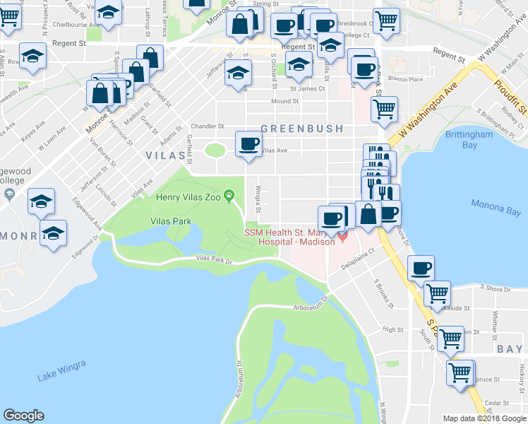 map of restaurants, bars, coffee shops, grocery stores, and more near 1315 Hoven Court in Madison