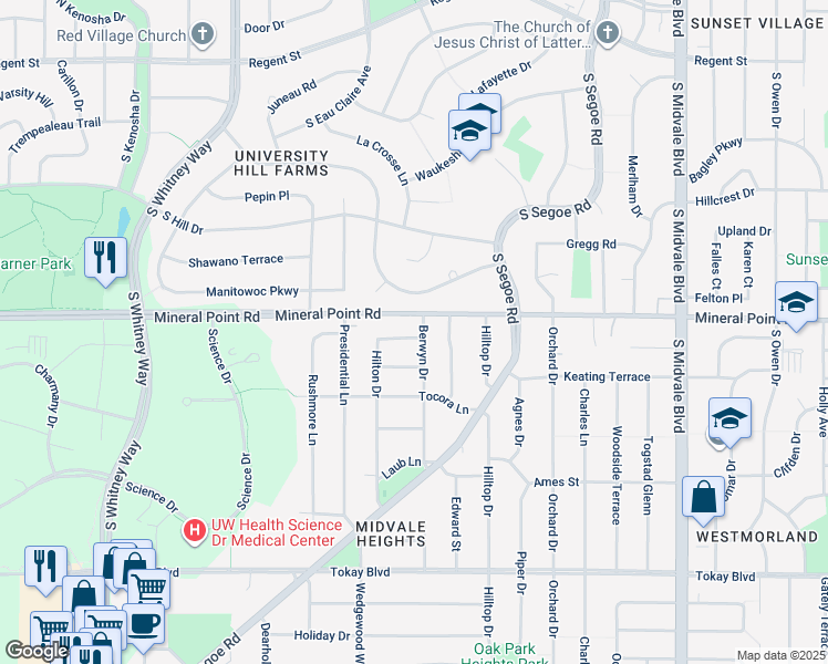 map of restaurants, bars, coffee shops, grocery stores, and more near 410 Berwyn Drive in Madison