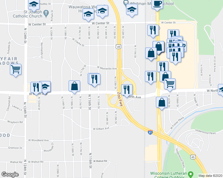 map of restaurants, bars, coffee shops, grocery stores, and more near 11310 West North Avenue in Milwaukee