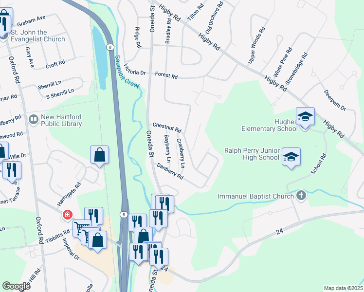 map of restaurants, bars, coffee shops, grocery stores, and more near 43 Cranberry Lane in New Hartford