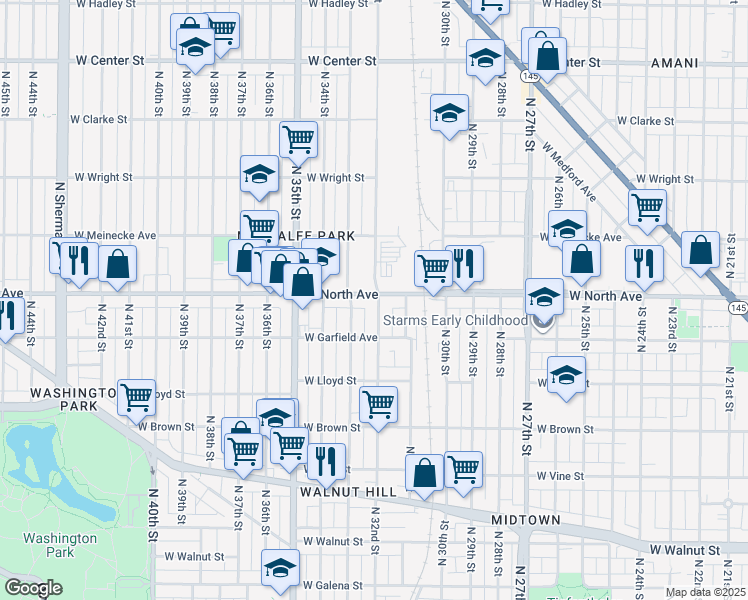 map of restaurants, bars, coffee shops, grocery stores, and more near 3203 West North Avenue in Milwaukee