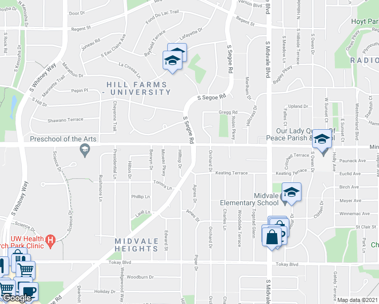 map of restaurants, bars, coffee shops, grocery stores, and more near 414 South Segoe Road in Madison