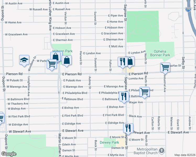 map of restaurants, bars, coffee shops, grocery stores, and more near 413 East Pulaski Avenue in Flint