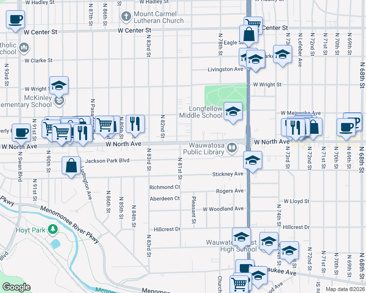 map of restaurants, bars, coffee shops, grocery stores, and more near 7943 West North Avenue in Wauwatosa