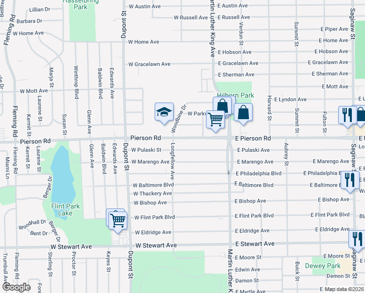 map of restaurants, bars, coffee shops, grocery stores, and more near 410 West Pulaski Street in Flint