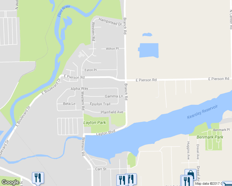 map of restaurants, bars, coffee shops, grocery stores, and more near 5007 Delta Drive in Flint