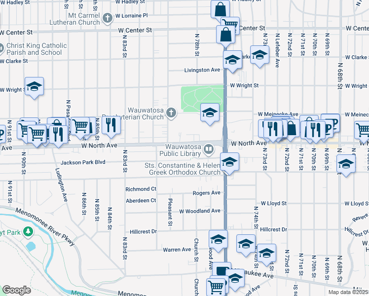 map of restaurants, bars, coffee shops, grocery stores, and more near 7831 West North Avenue in Wauwatosa