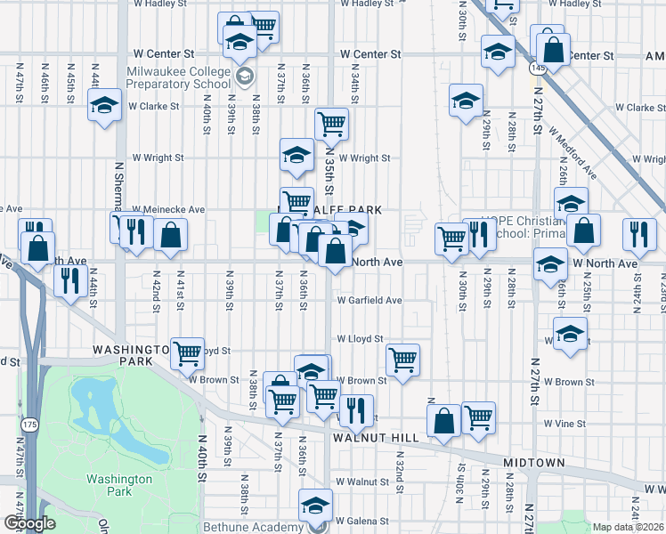 map of restaurants, bars, coffee shops, grocery stores, and more near 3421 West North Avenue in Milwaukee