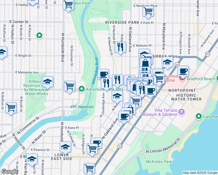 map of restaurants, bars, coffee shops, grocery stores, and more near in Milwaukee