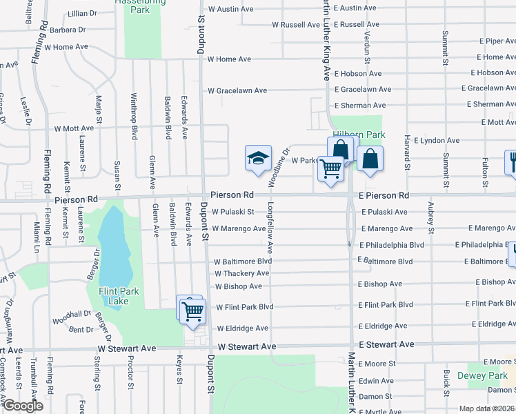 map of restaurants, bars, coffee shops, grocery stores, and more near 518 West Pulaski Street in Flint