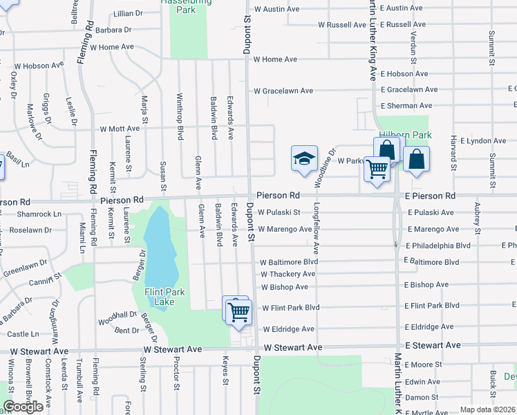 map of restaurants, bars, coffee shops, grocery stores, and more near 642 West Pulaski Street in Flint