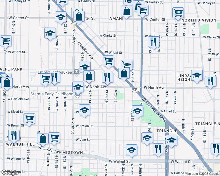 map of restaurants, bars, coffee shops, grocery stores, and more near 2325 West North Avenue in Milwaukee