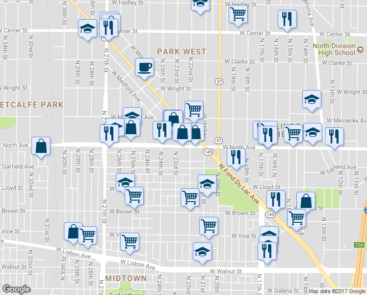 map of restaurants, bars, coffee shops, grocery stores, and more near 2213 W North Ave in Milwaukee