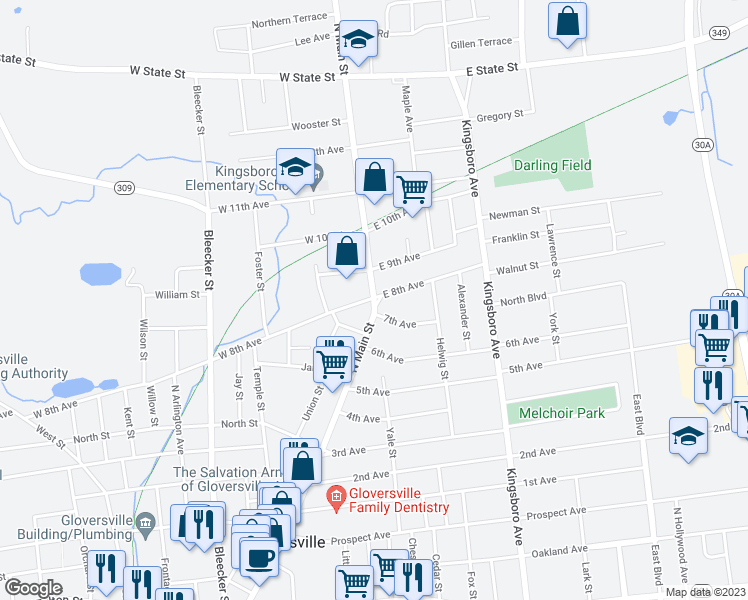 map of restaurants, bars, coffee shops, grocery stores, and more near 320 North Main Street in Gloversville