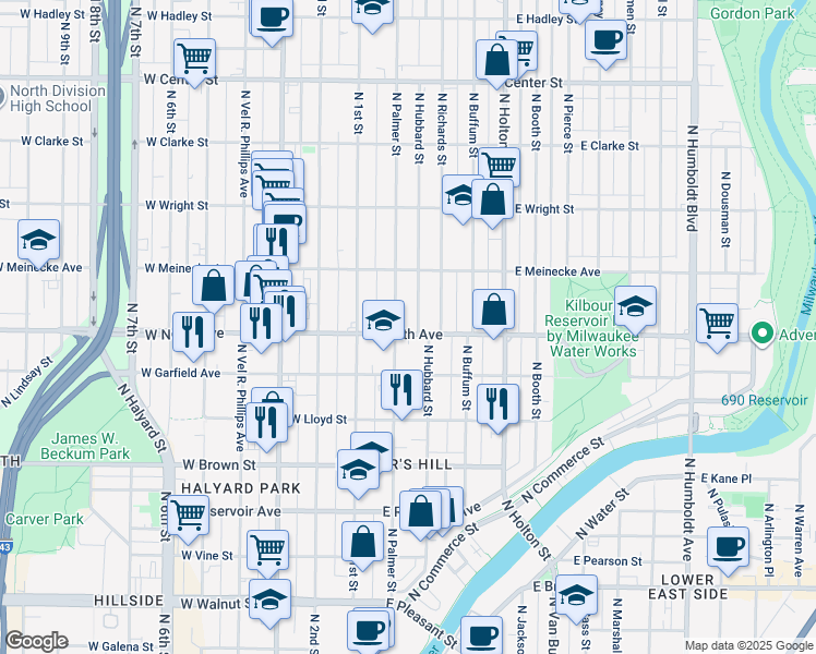 map of restaurants, bars, coffee shops, grocery stores, and more near 212 East North Avenue in Milwaukee