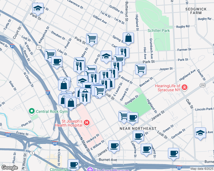 map of restaurants, bars, coffee shops, grocery stores, and more near in Syracuse