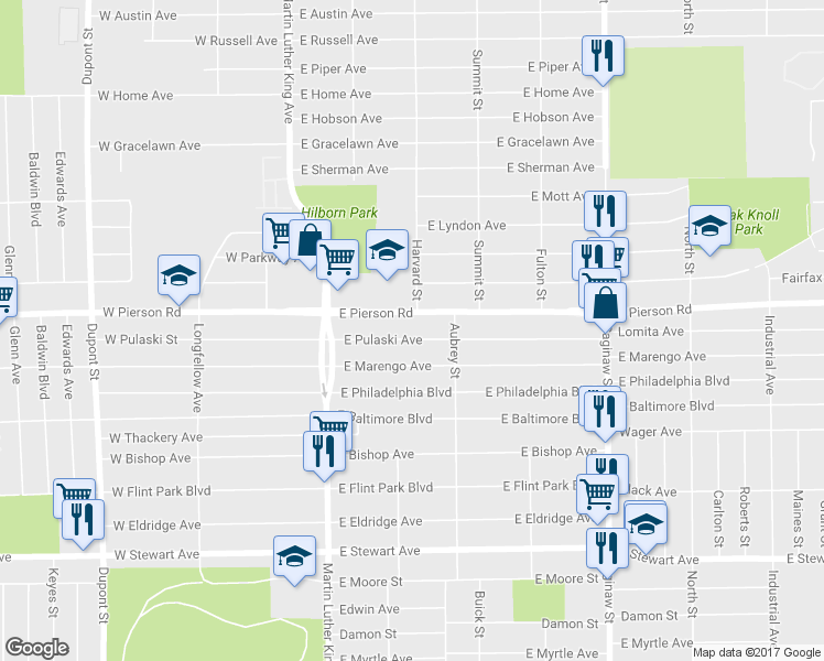 map of restaurants, bars, coffee shops, grocery stores, and more near 309 East Pulaski Avenue in Flint